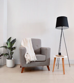 Gray armchair with throw blanket and floor lamp.