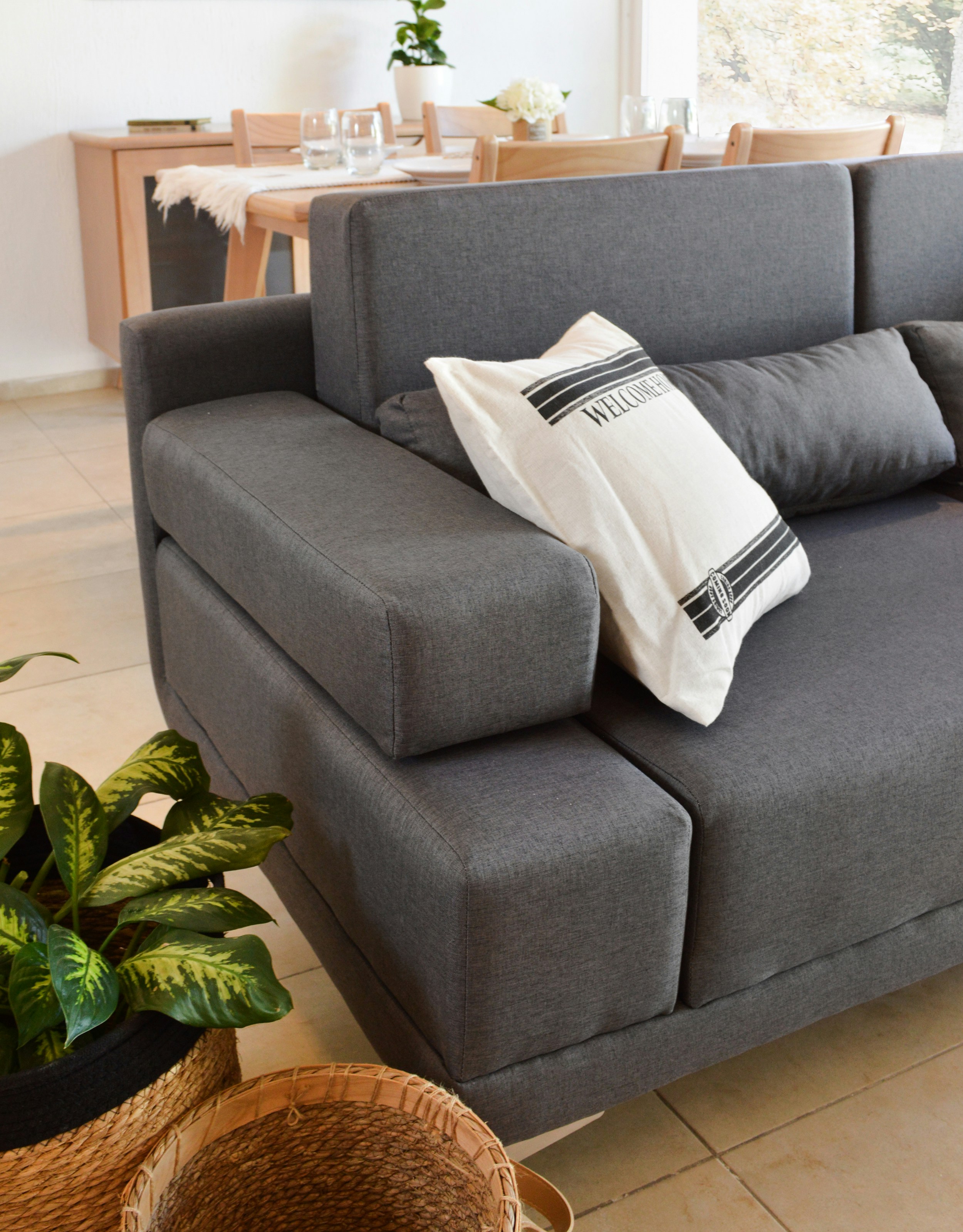 A modern gray sofa with decorative pillows and plants.