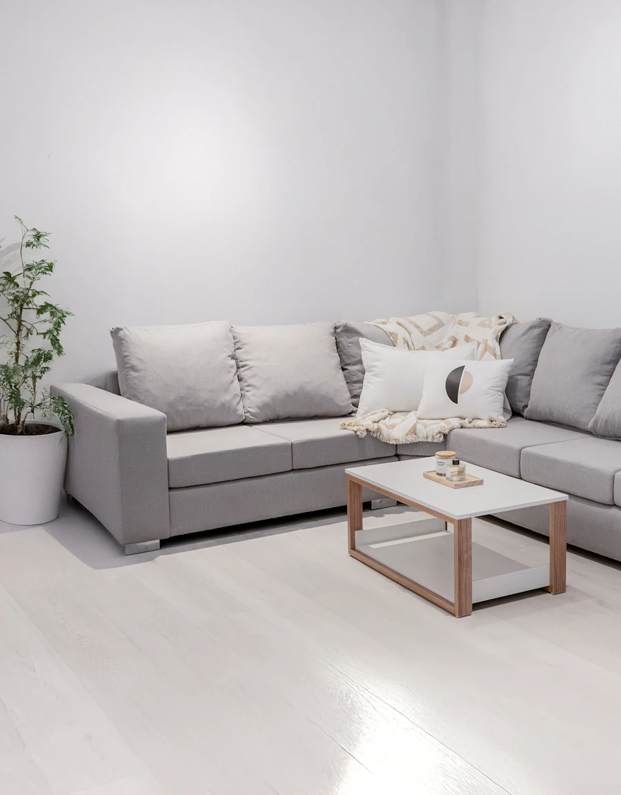 Jasny salon z szarą sofą po wykończeniu (zdjęcie poglądowe)