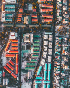 Aerial view of colorful buildings in a city.