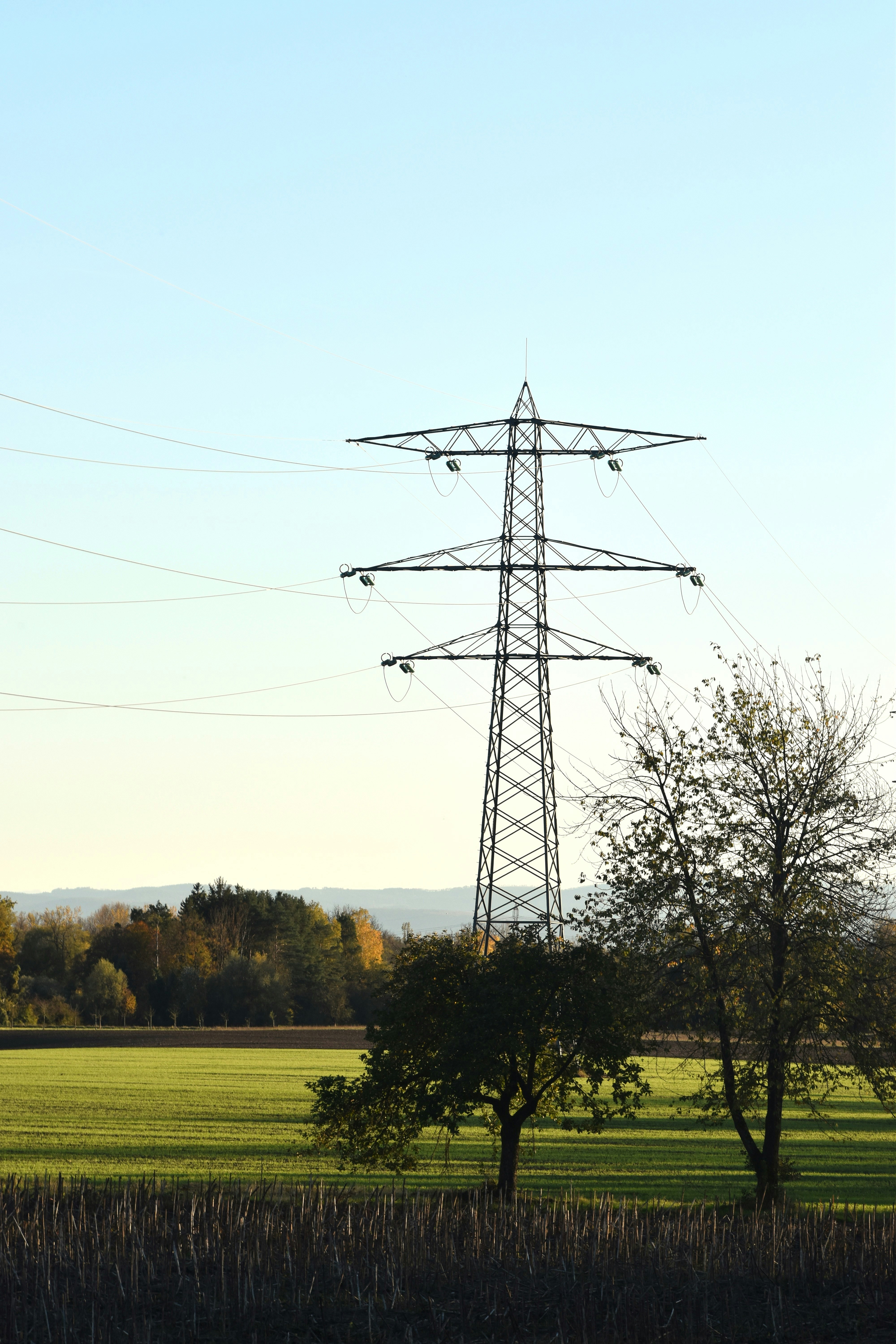 Tall power line tower in a green field.