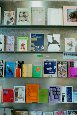 Shelves filled with various books and magazines.