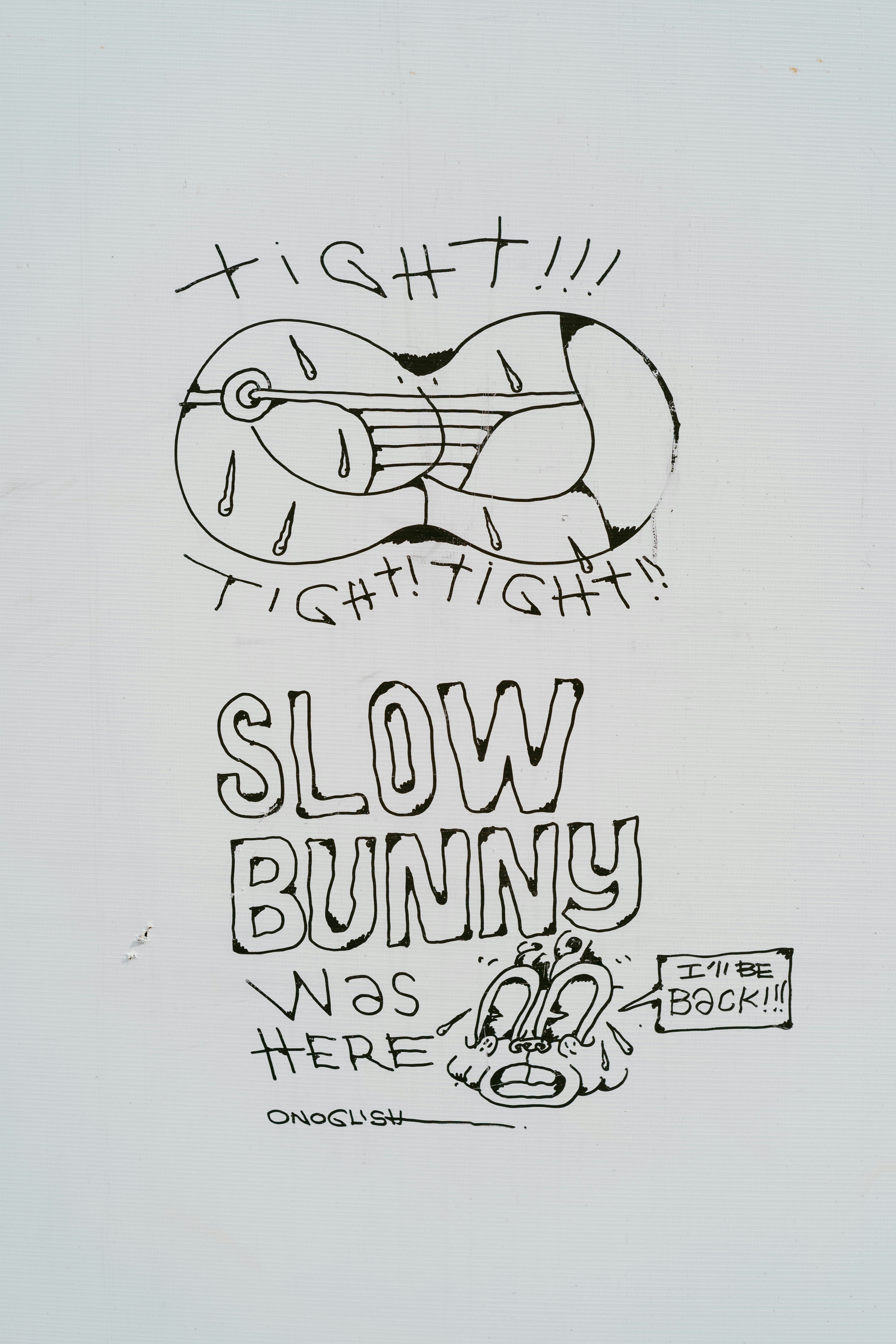 Texte dessiné à la main et lapins de dessin animé sur fond blanc