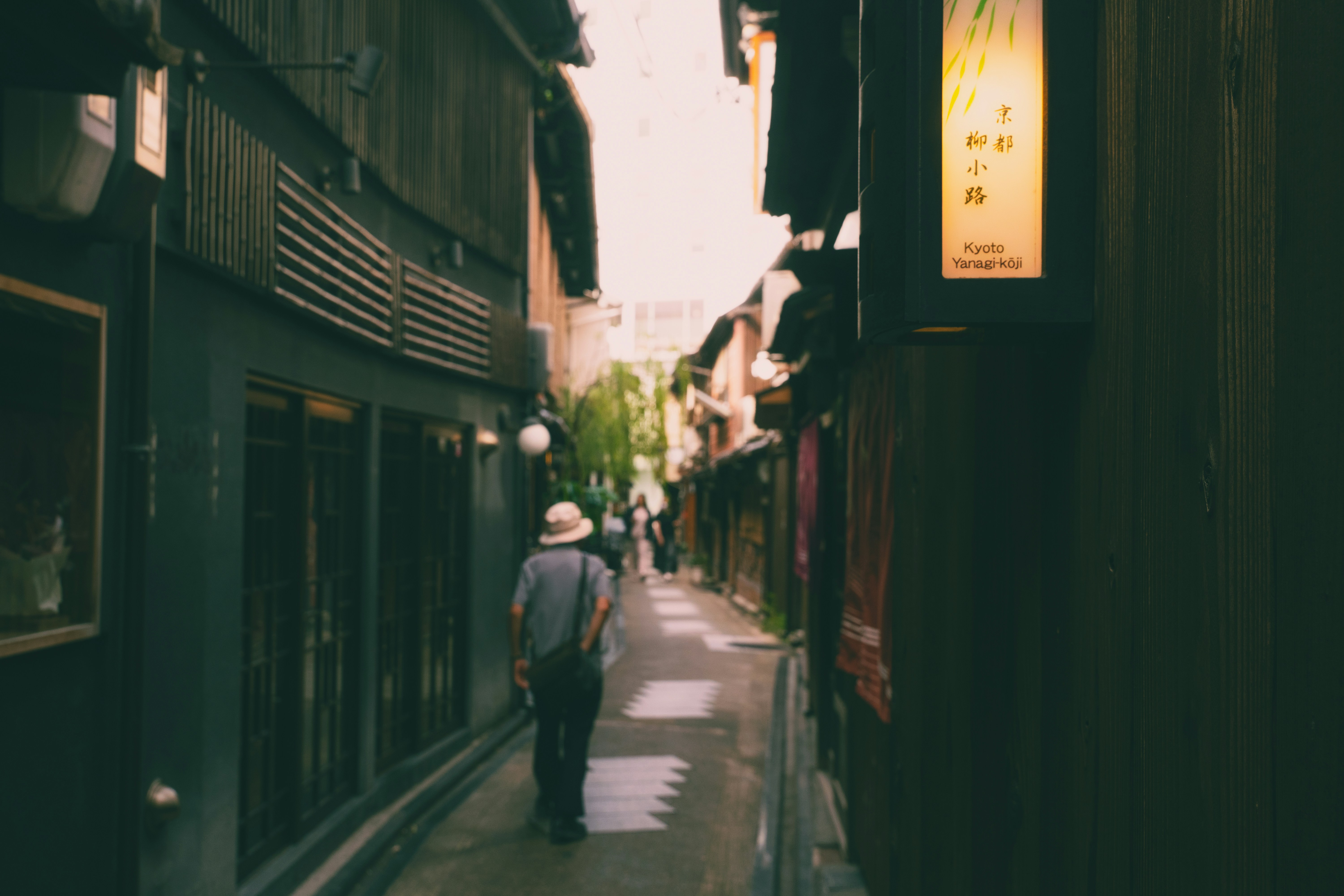Person walks down a narrow, traditional street.