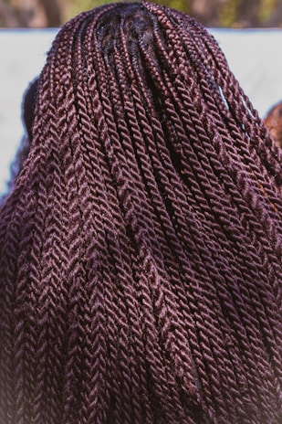 Close-up of long, dark braided hair