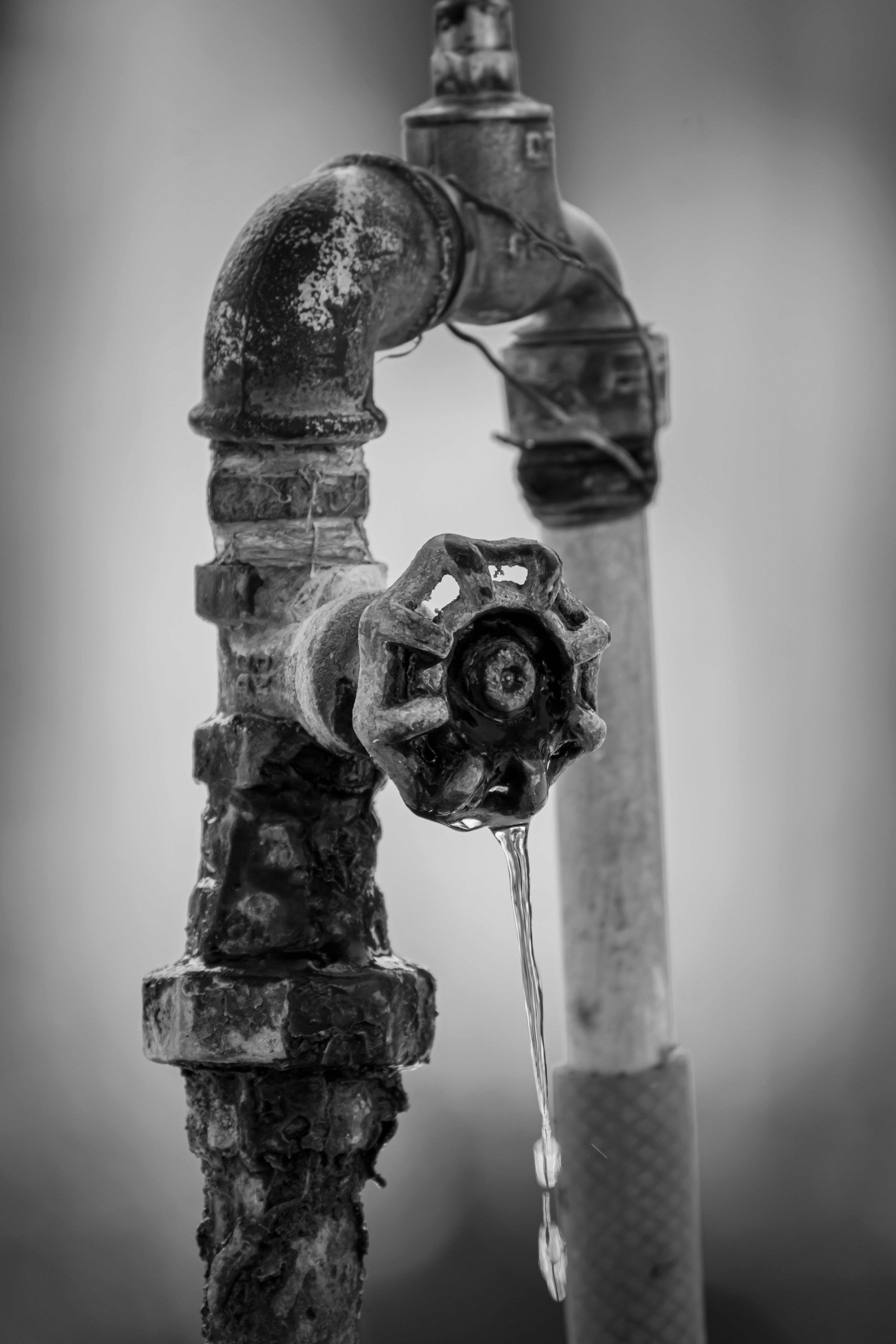 Close-up of an old, rusty faucet dripping water