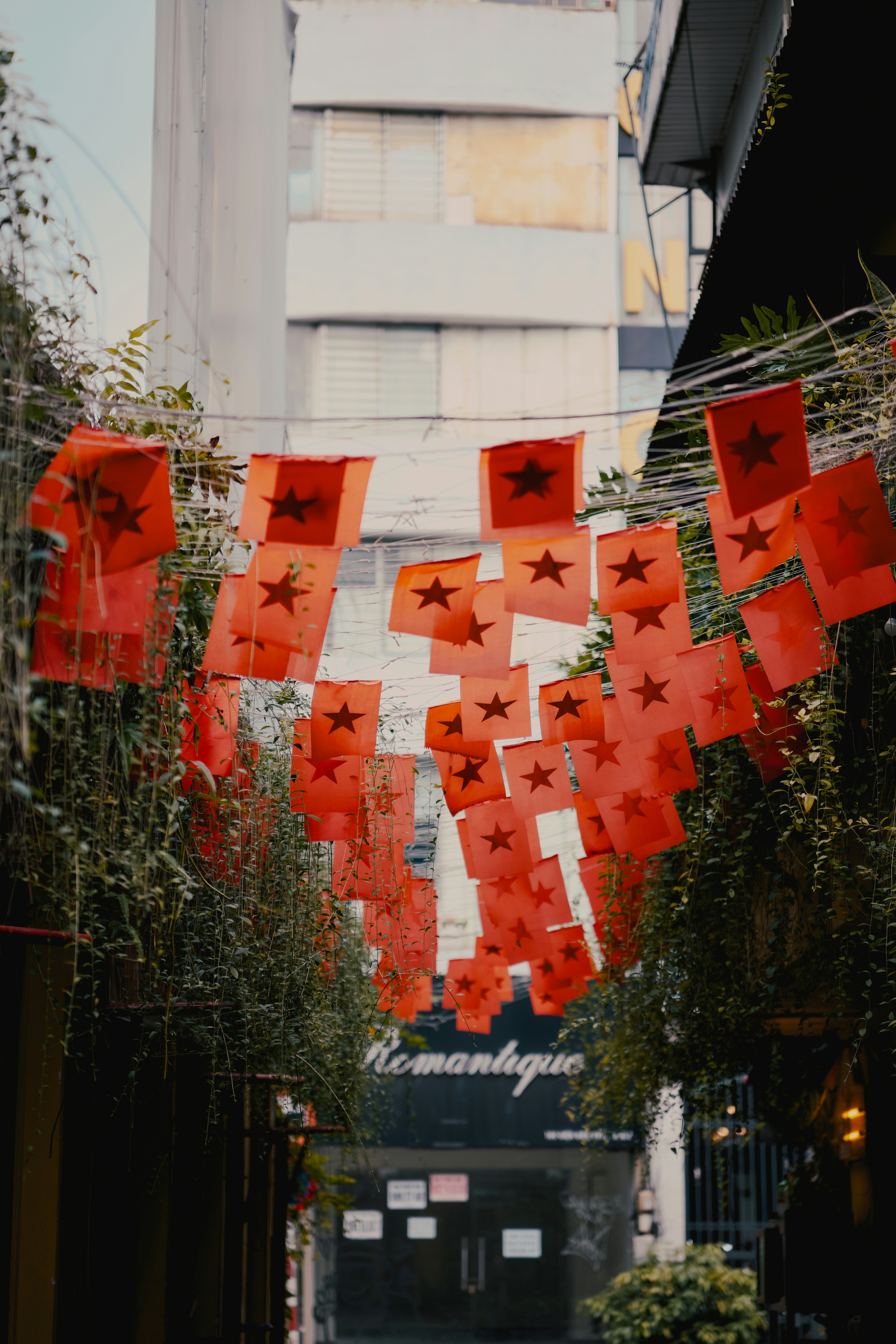 Banderas rojas con estrellas negras colgando sobre una calle.