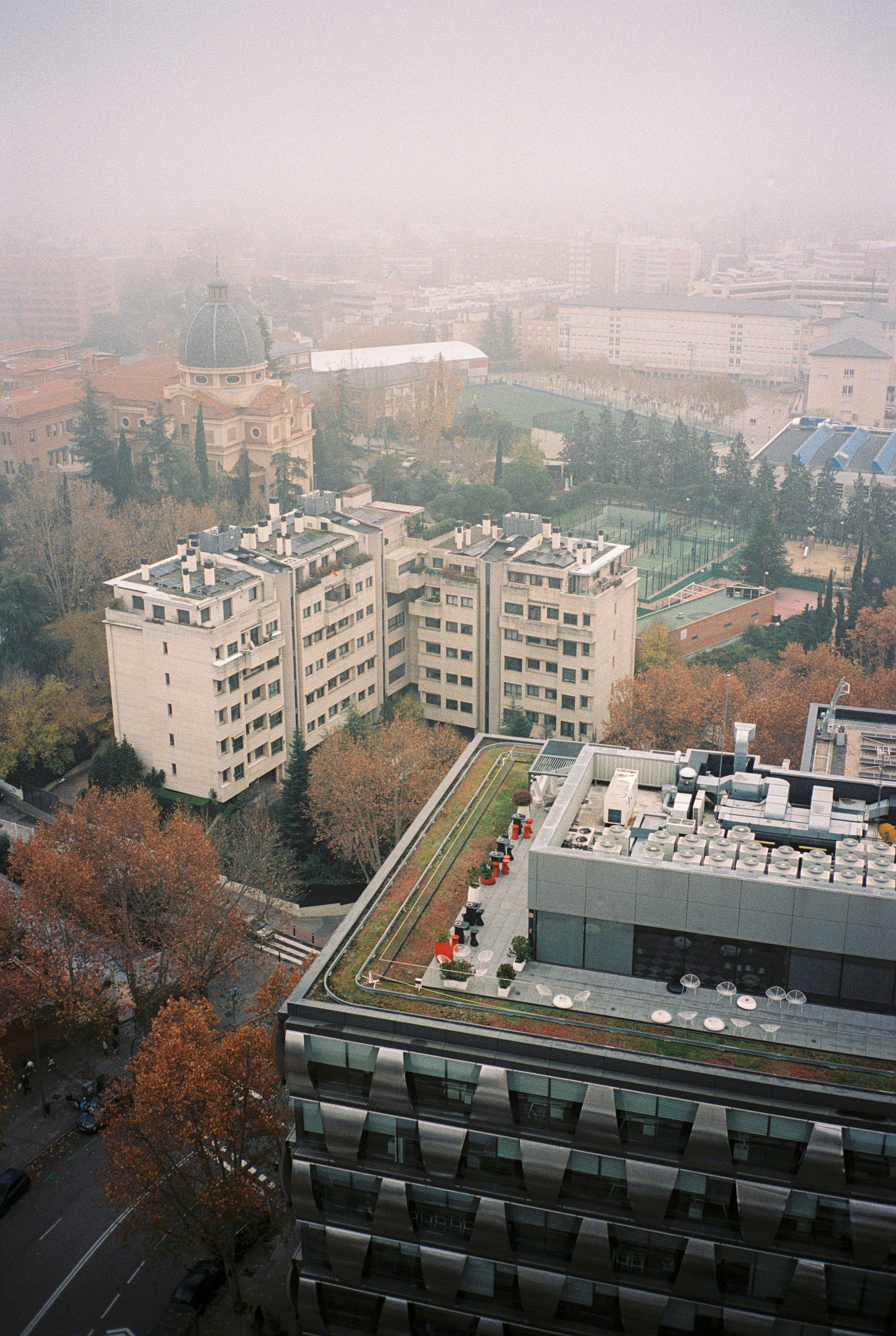 City buildings shrouded in dense fog on an autumn day.
