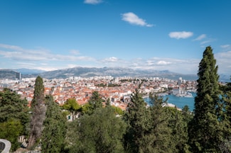 Cityscape with harbor and distant mountains under blue sky