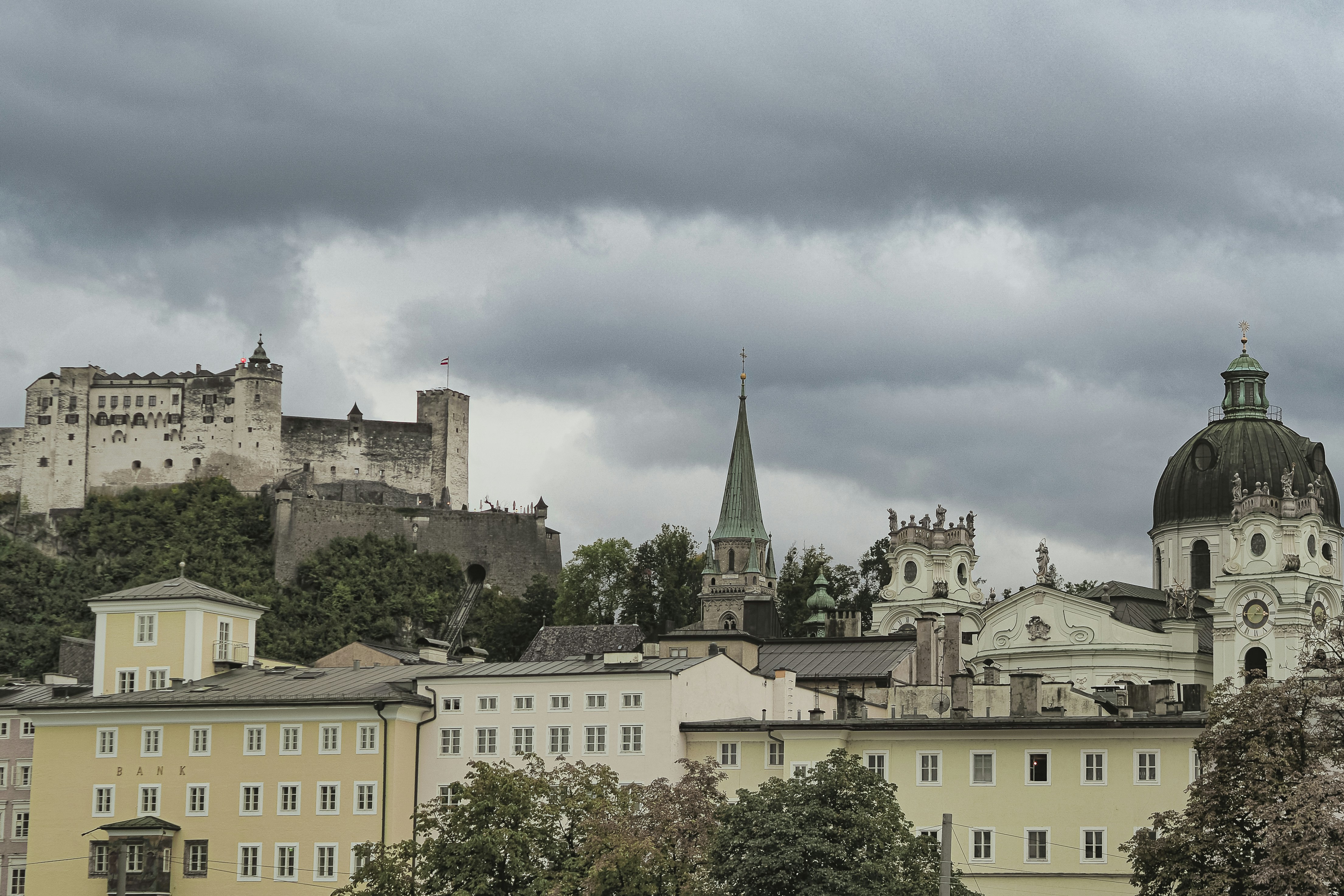 Historic european city skyline with castle and church.