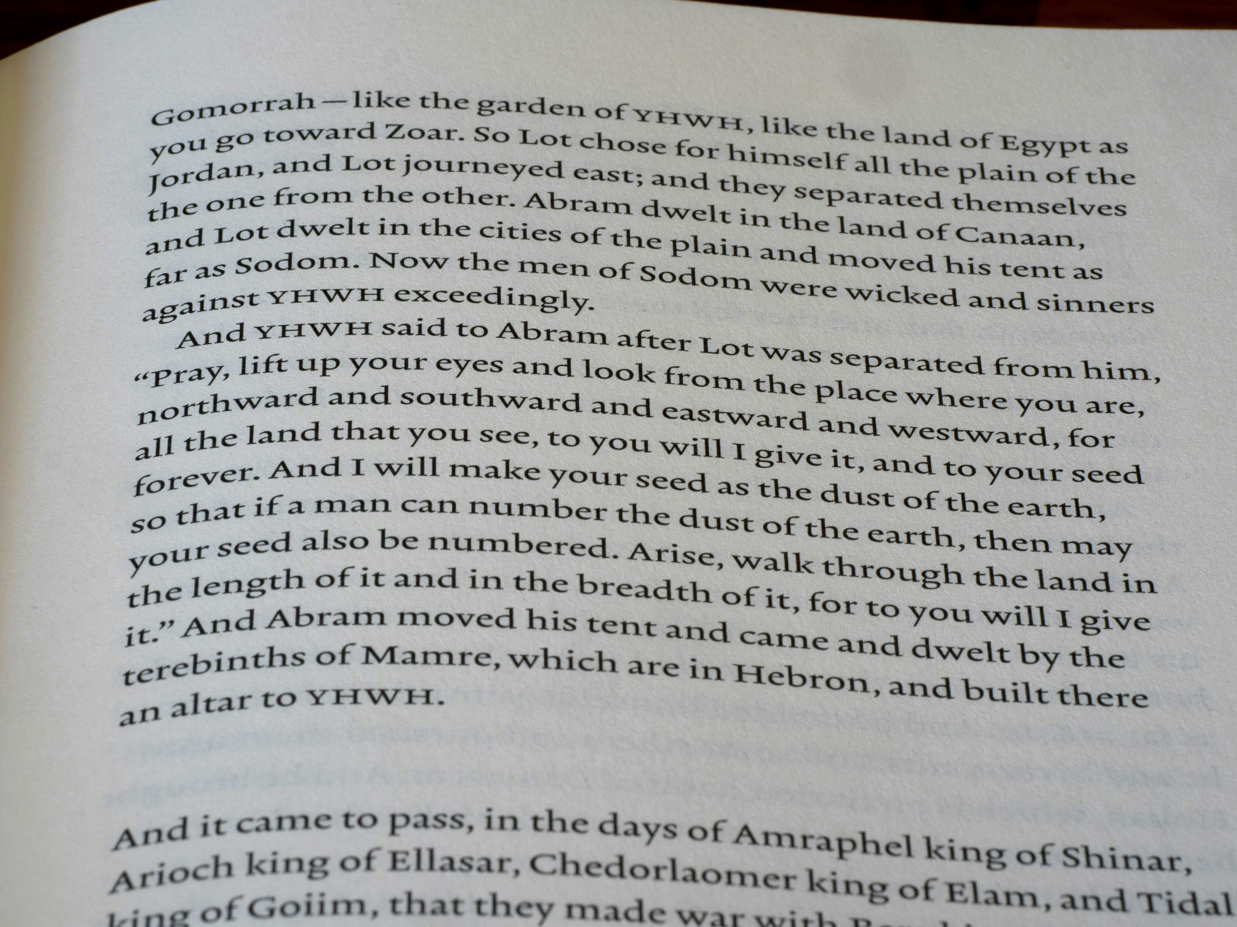 Close-up of text from a book about abraham and lot.