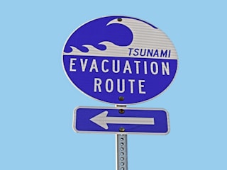 Tsunami evacuation route sign with arrow.