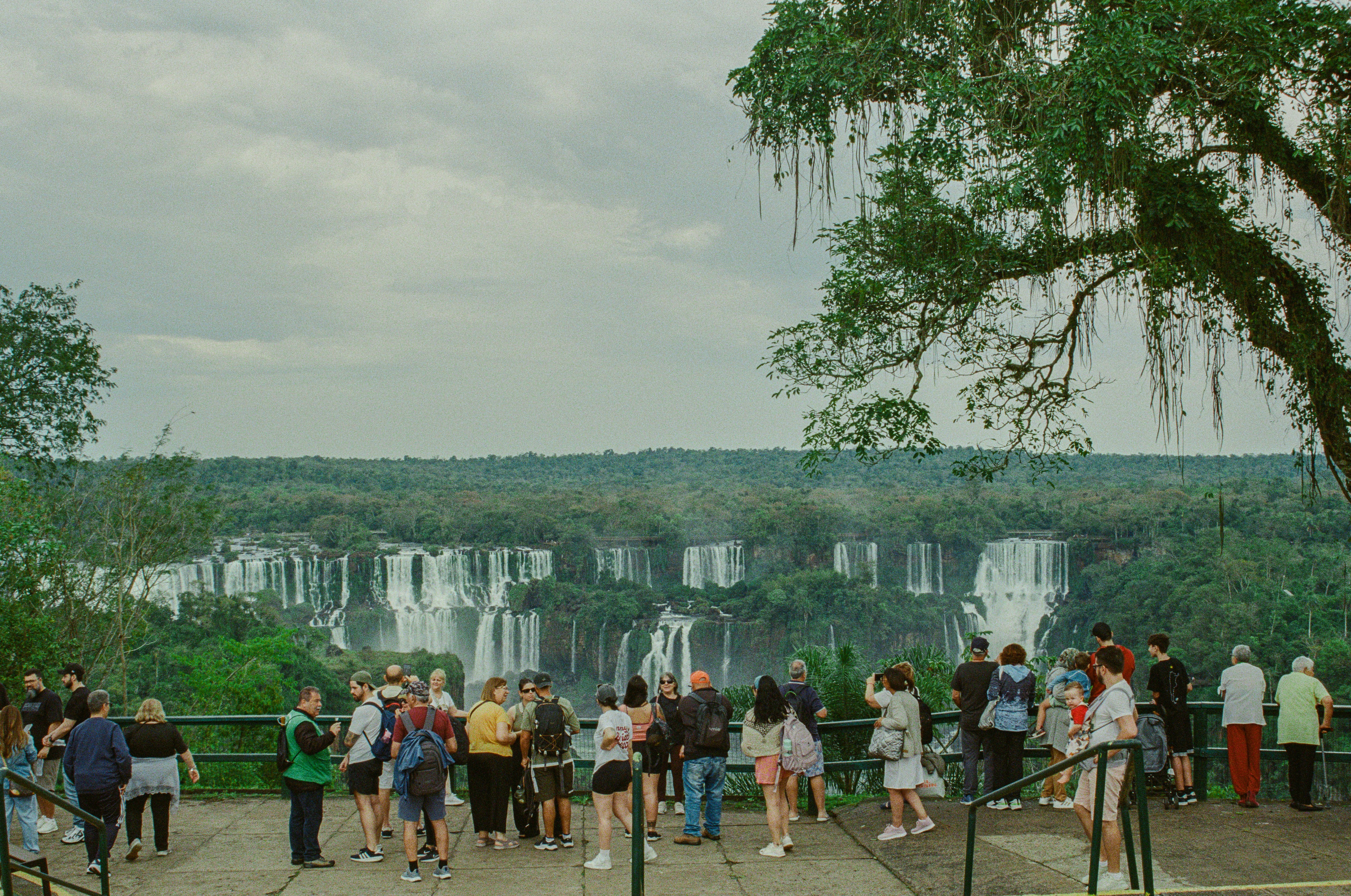 Tourists viewing a wide waterfall in a lush green forest.
