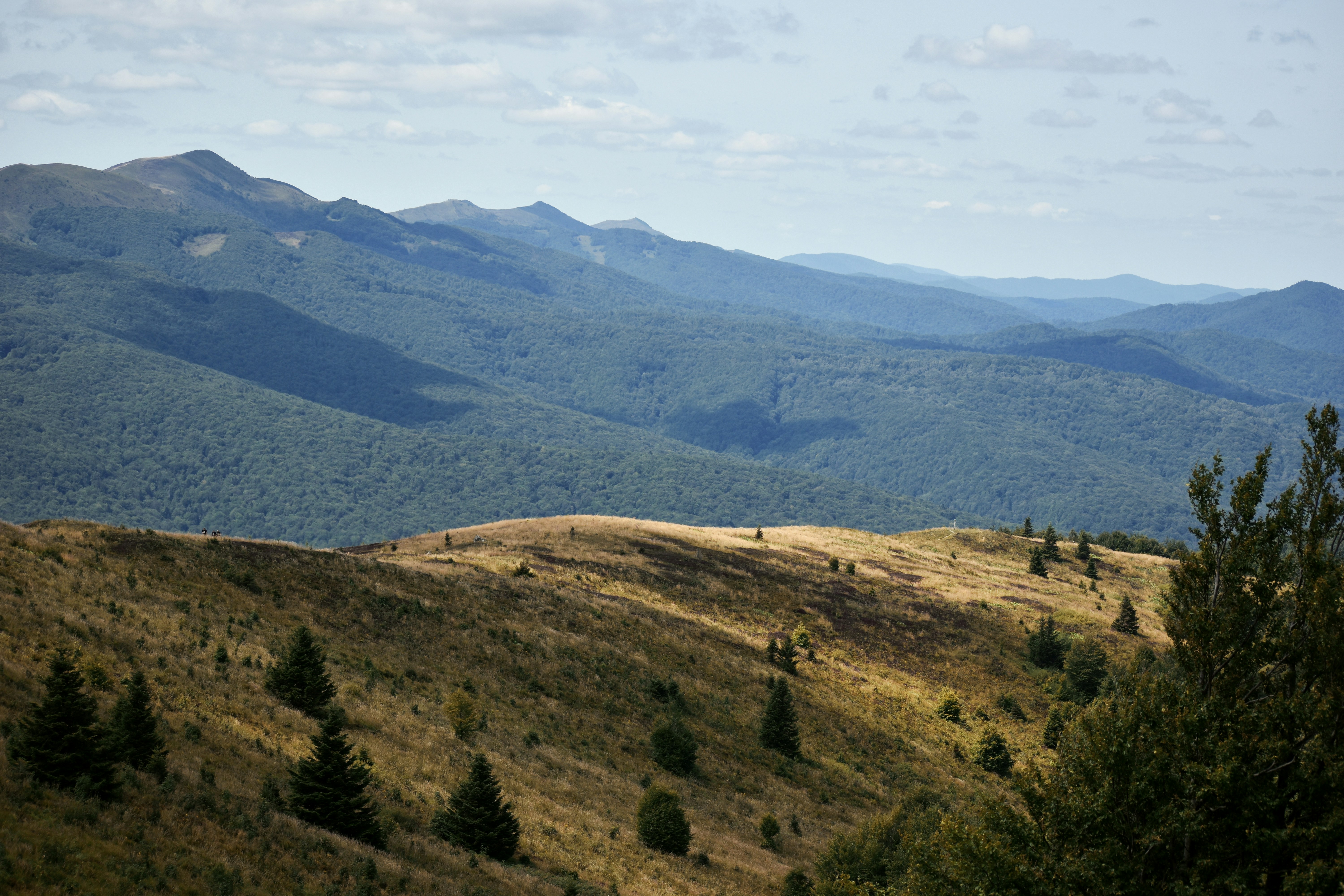 Rolling hills and distant blue mountains under clouds