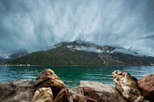 Mountain landscape with choppy water and rocks