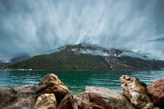 Mountain landscape with choppy water and rocks