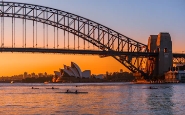 Sydney harbour bridge and opera house at sunrise
