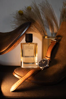 Perfume bottle, watch, and boots arranged artfully