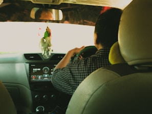 Person driving a car on a bright day.