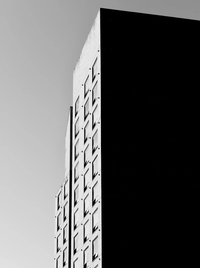 Minimalist black-and-white building facade with repeating windows