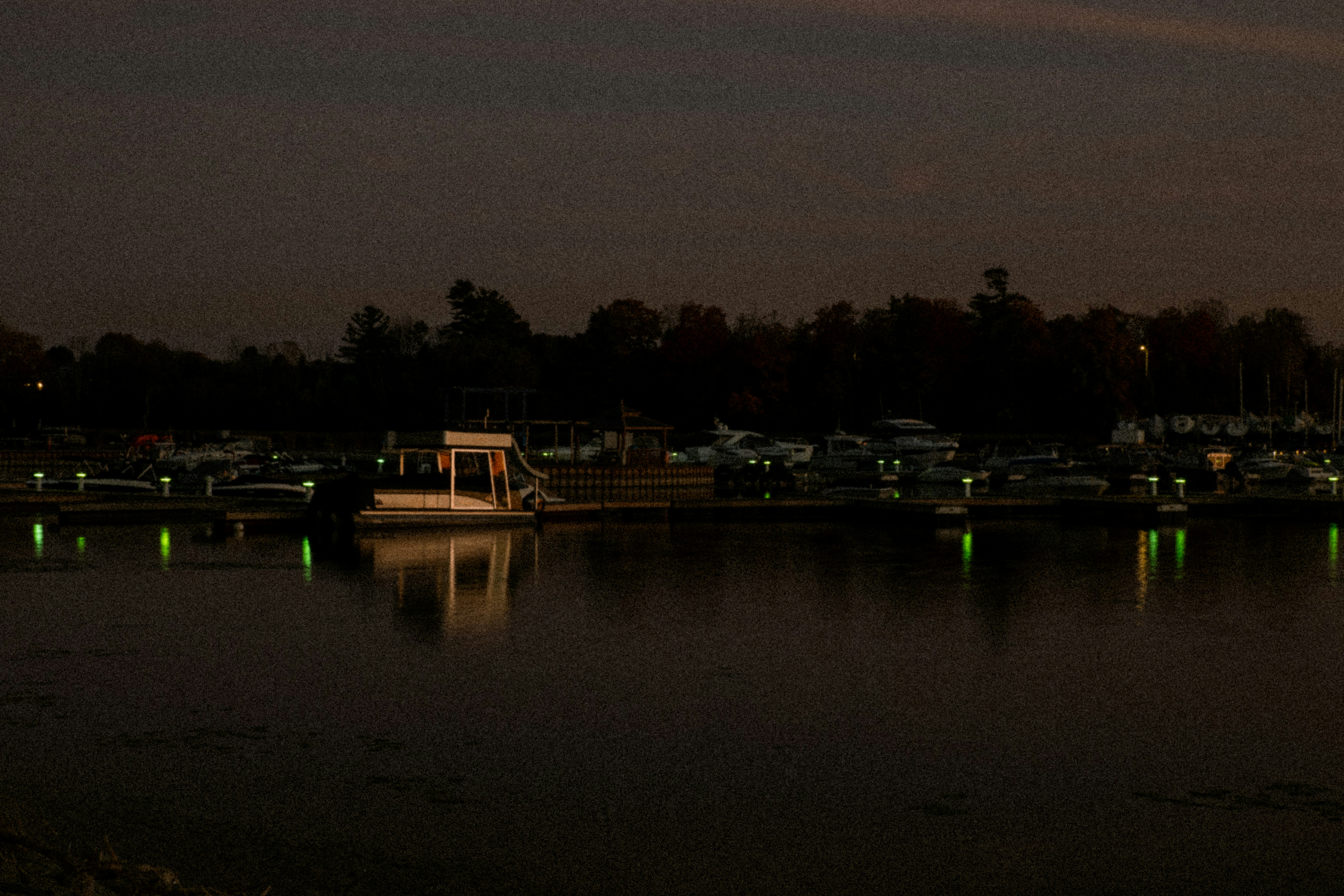 Boats docked at a marina at dusk