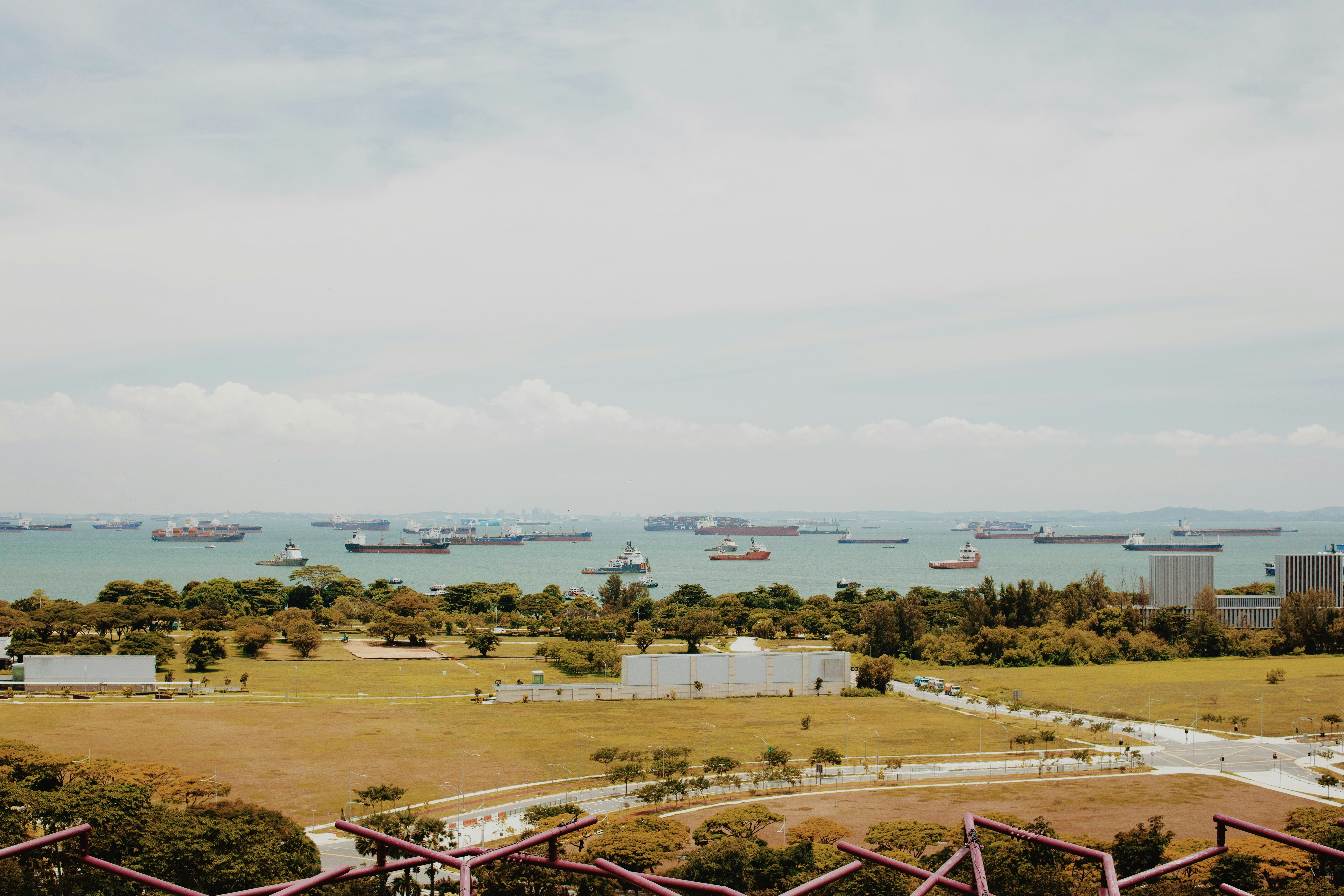 Cargo ships in the ocean near a green coastline.
