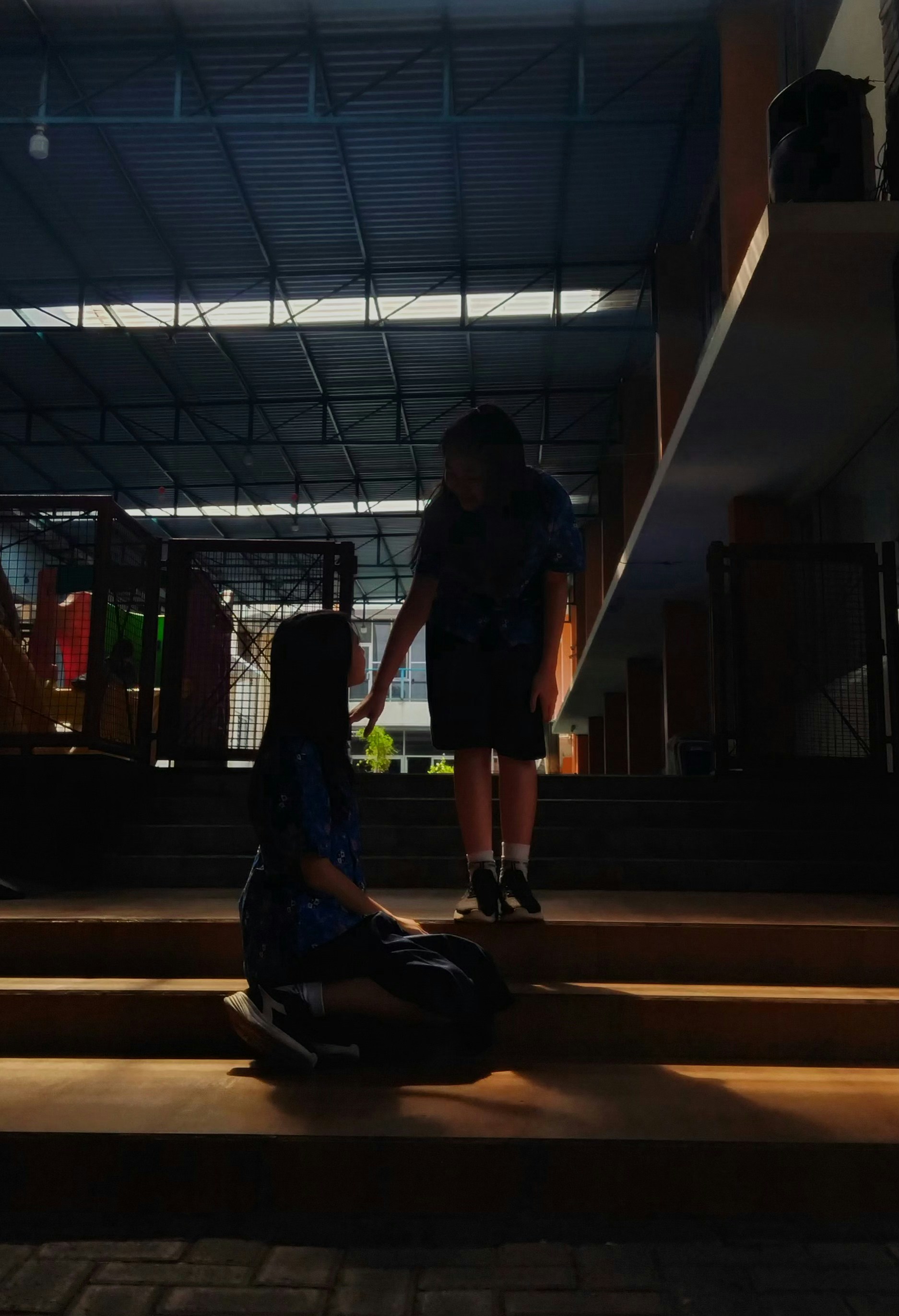 Two people interacting on outdoor stairs.