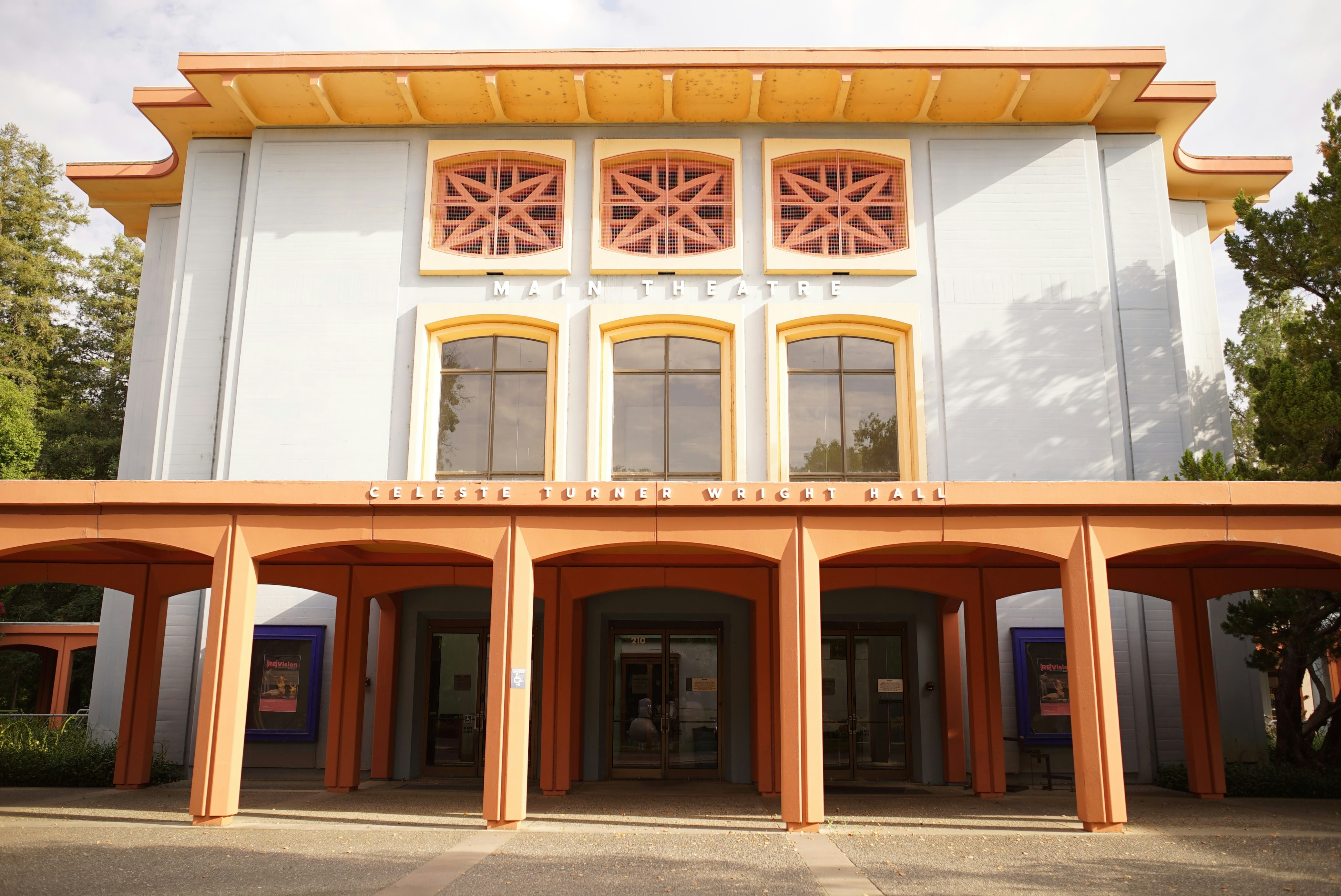Light blue building with orange architectural details