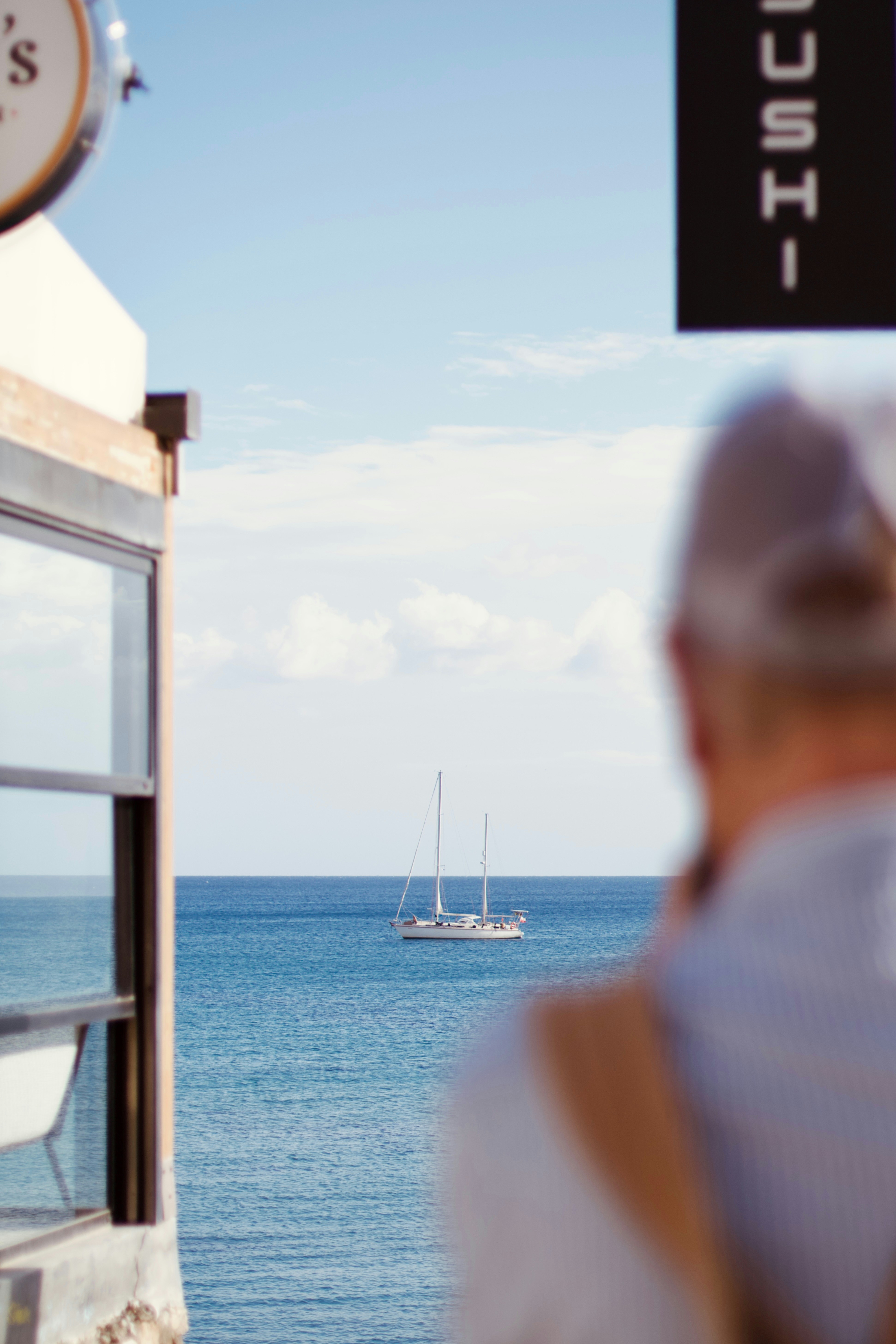 Sailboat on the ocean with a person in foreground.
