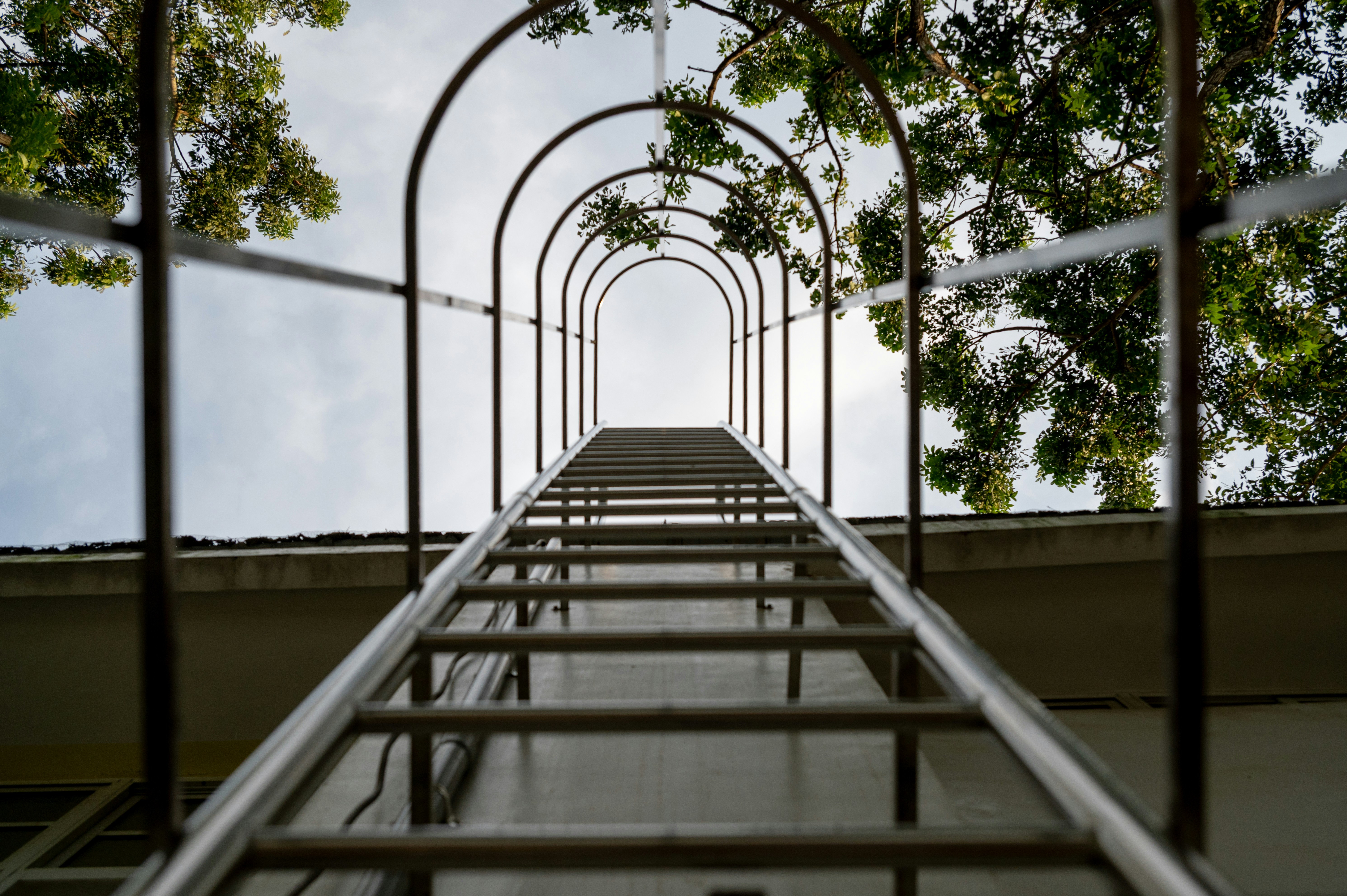 Looking up a metal ladder towards the sky