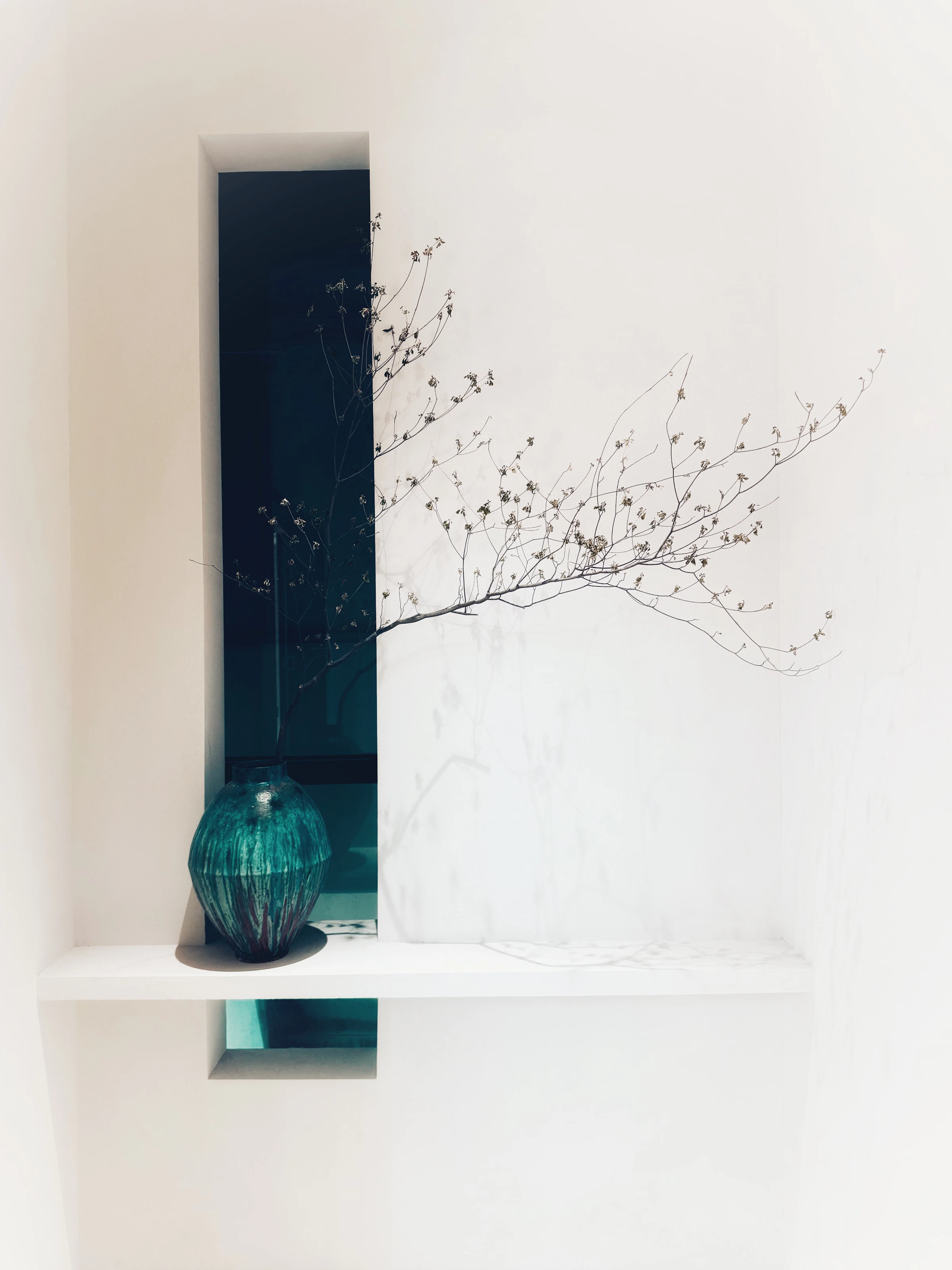 Dark sculptural vase with fine organic branches set within a bright minimalist architectural niche