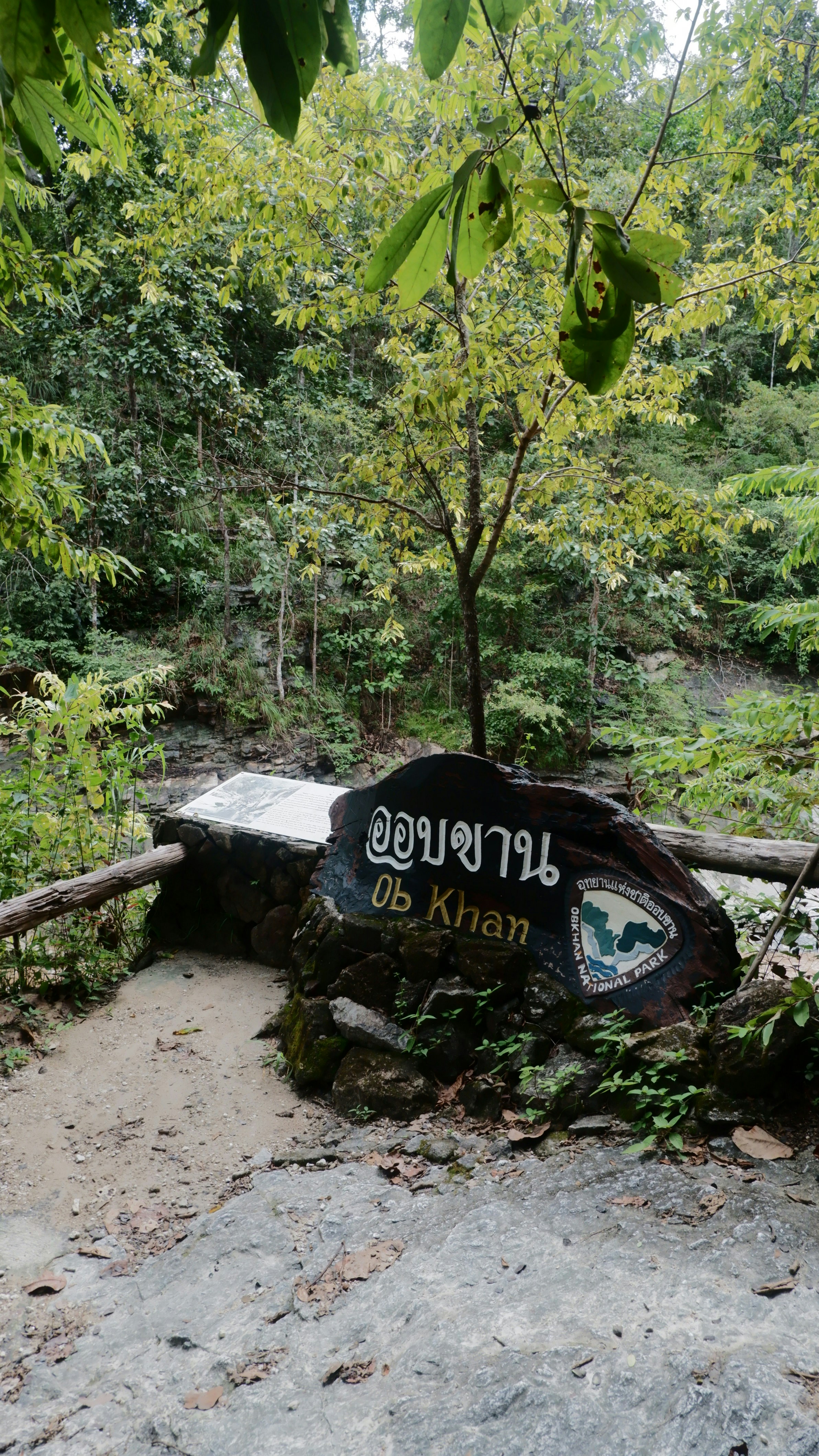 Stone sign in a lush forest with thai text.