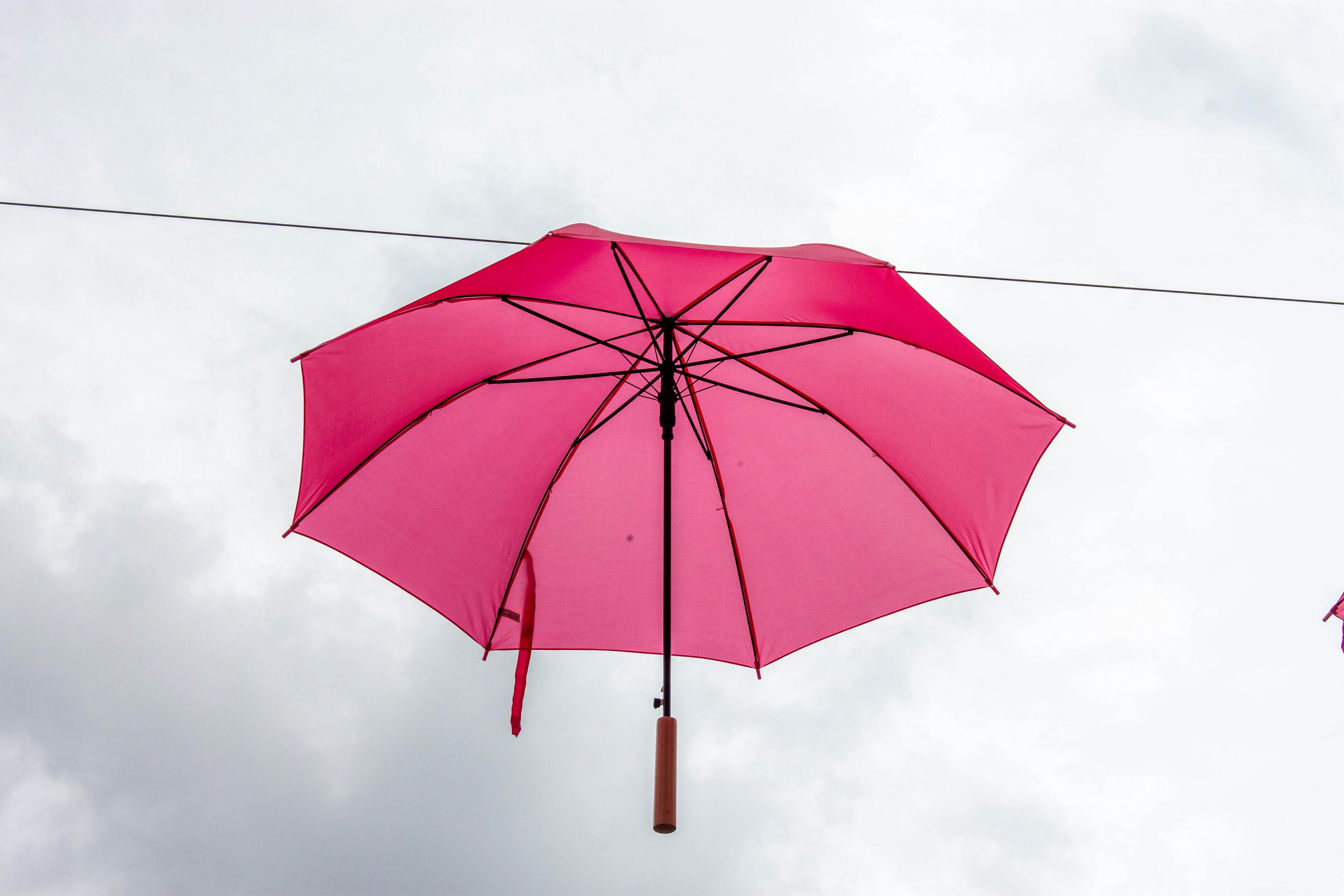 A bright pink umbrella suspended in the air.