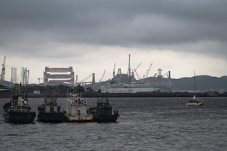 Tugboats in a harbor with industrial background