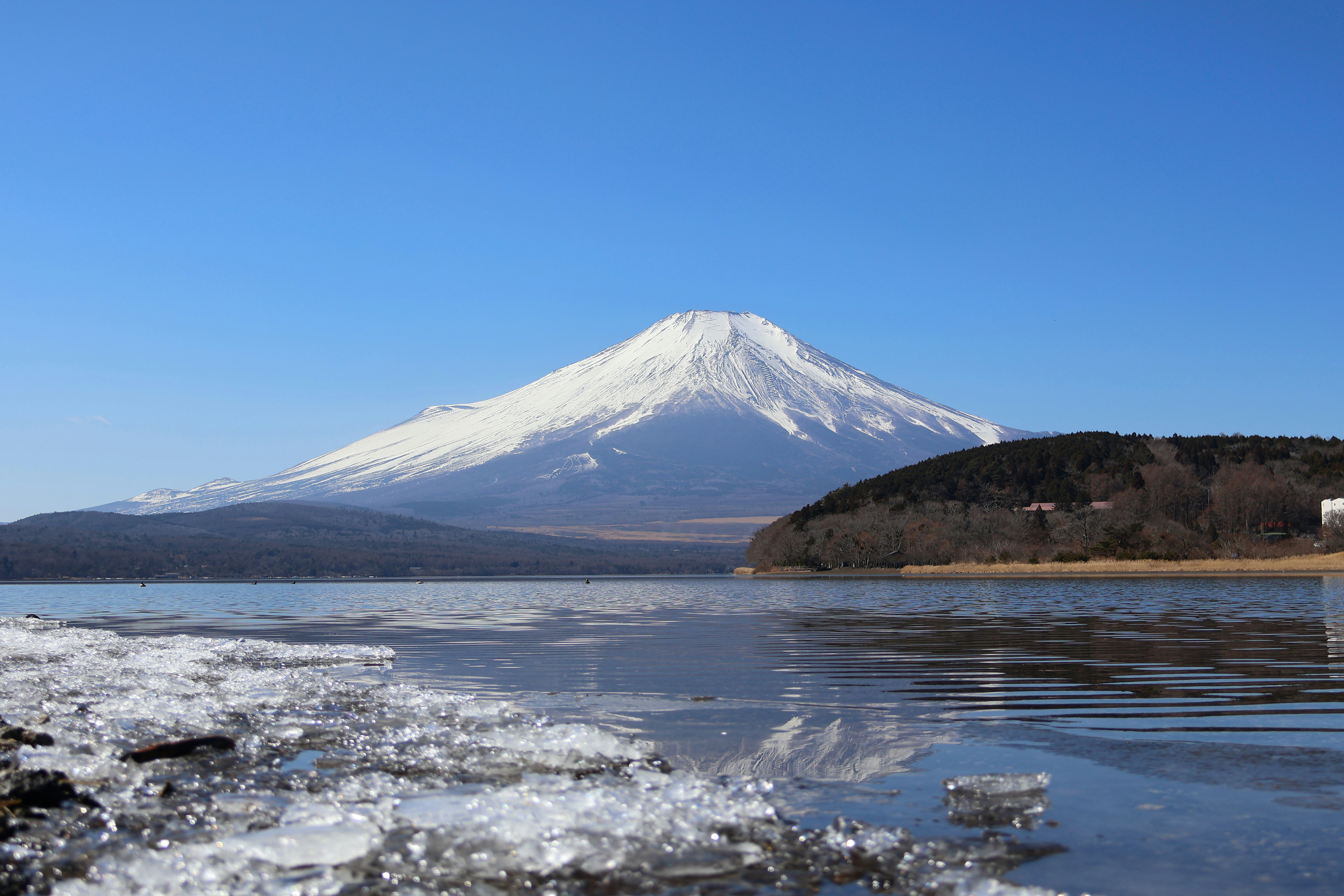 Snow-capped mount fuji reflected in a frozen lake