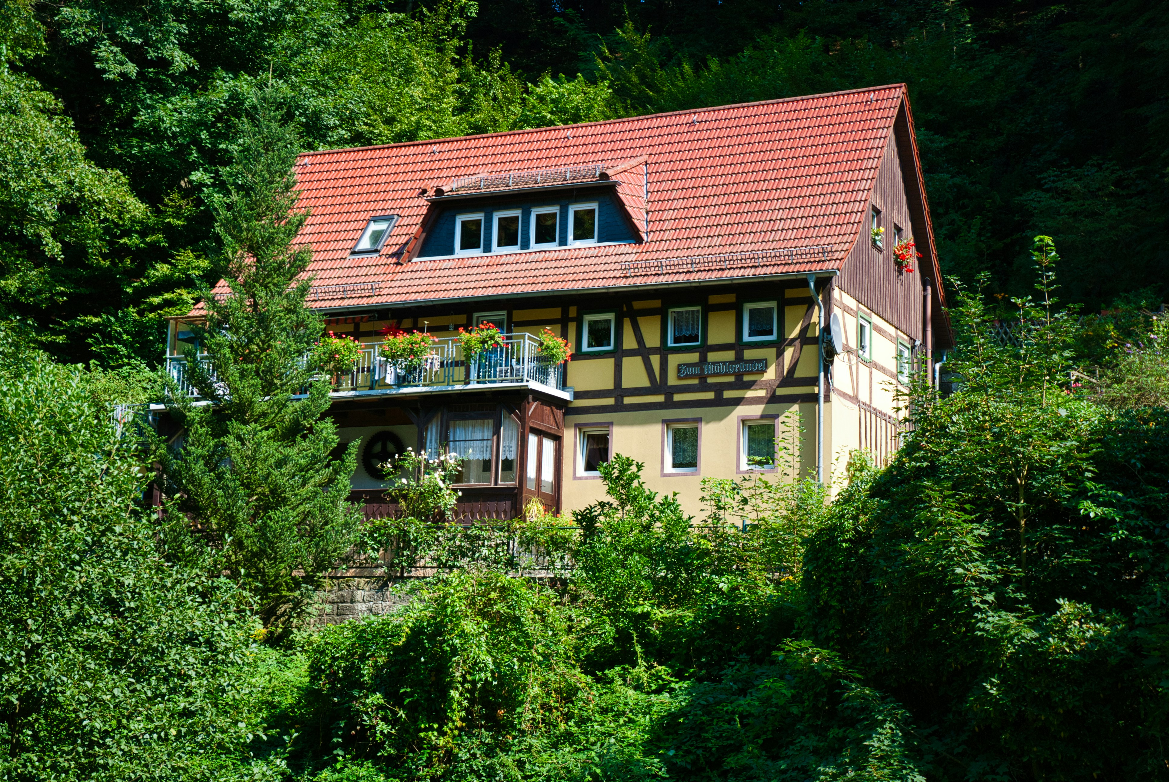 Half-timbered house nestled among lush green trees.