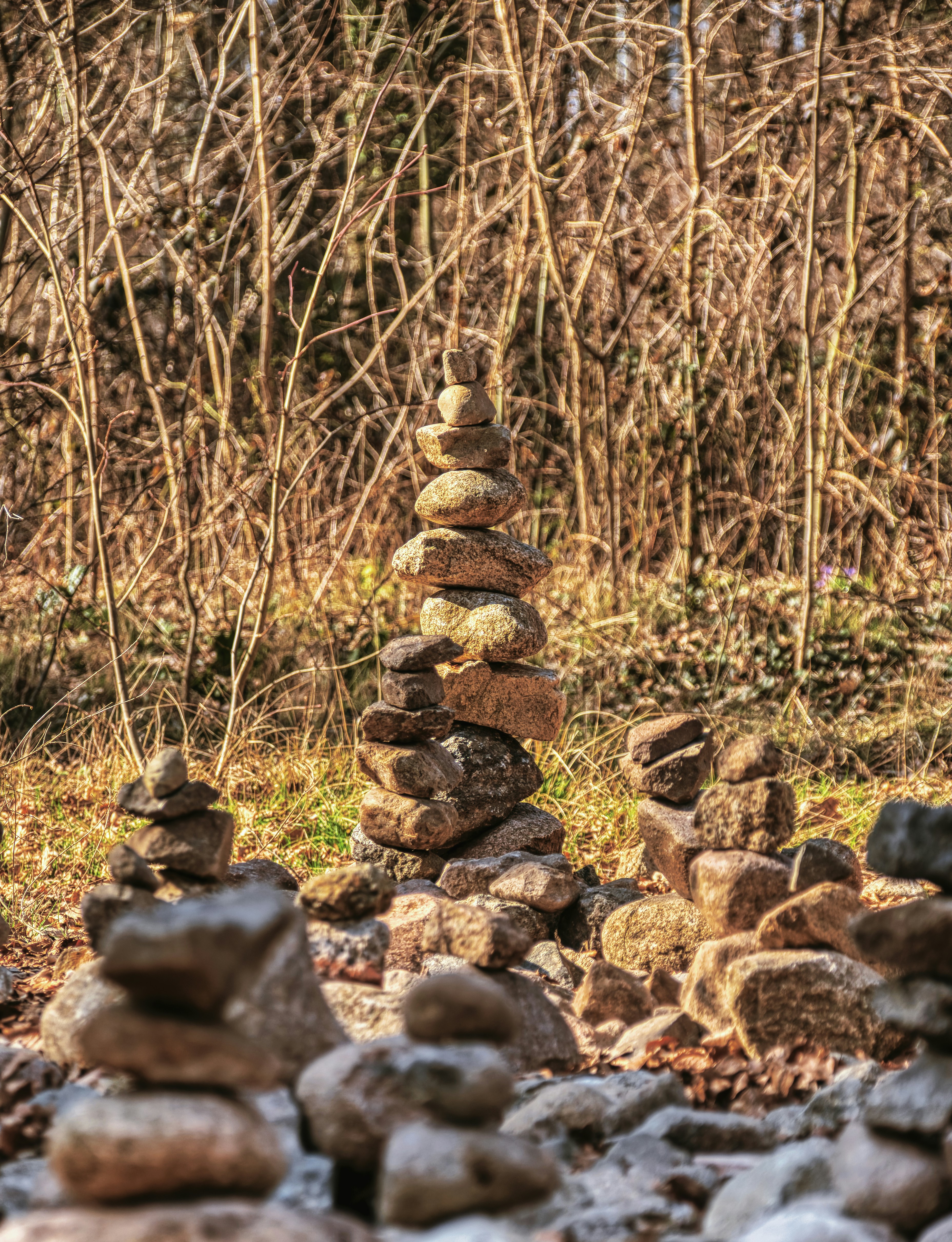 Stone cairns stacked on a forest floor