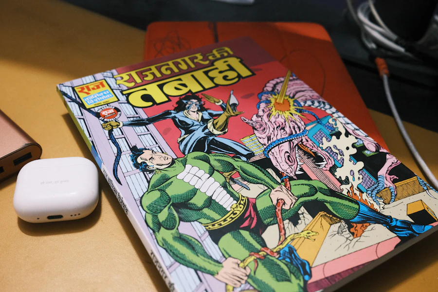 Colourful comic illustrations spread on a desk