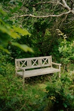 Дървена пейка, сгушена в буйно, зелено градинско пространство.