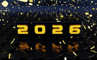 The year 2026 displayed with falling confetti.