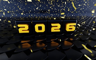 Golden 2026 numbers with falling confetti