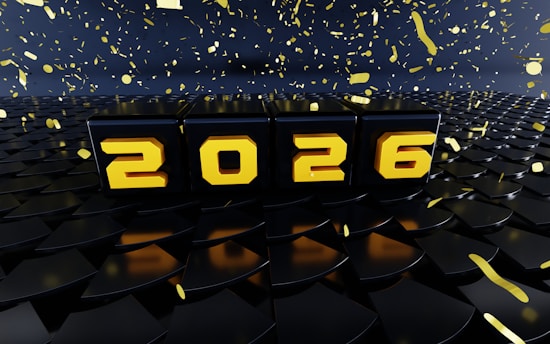 Golden 2026 numbers with falling confetti