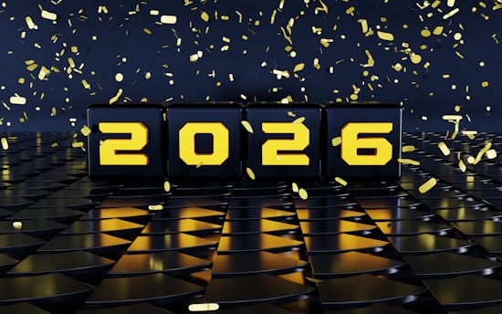 The year 2026 displayed with falling confetti.