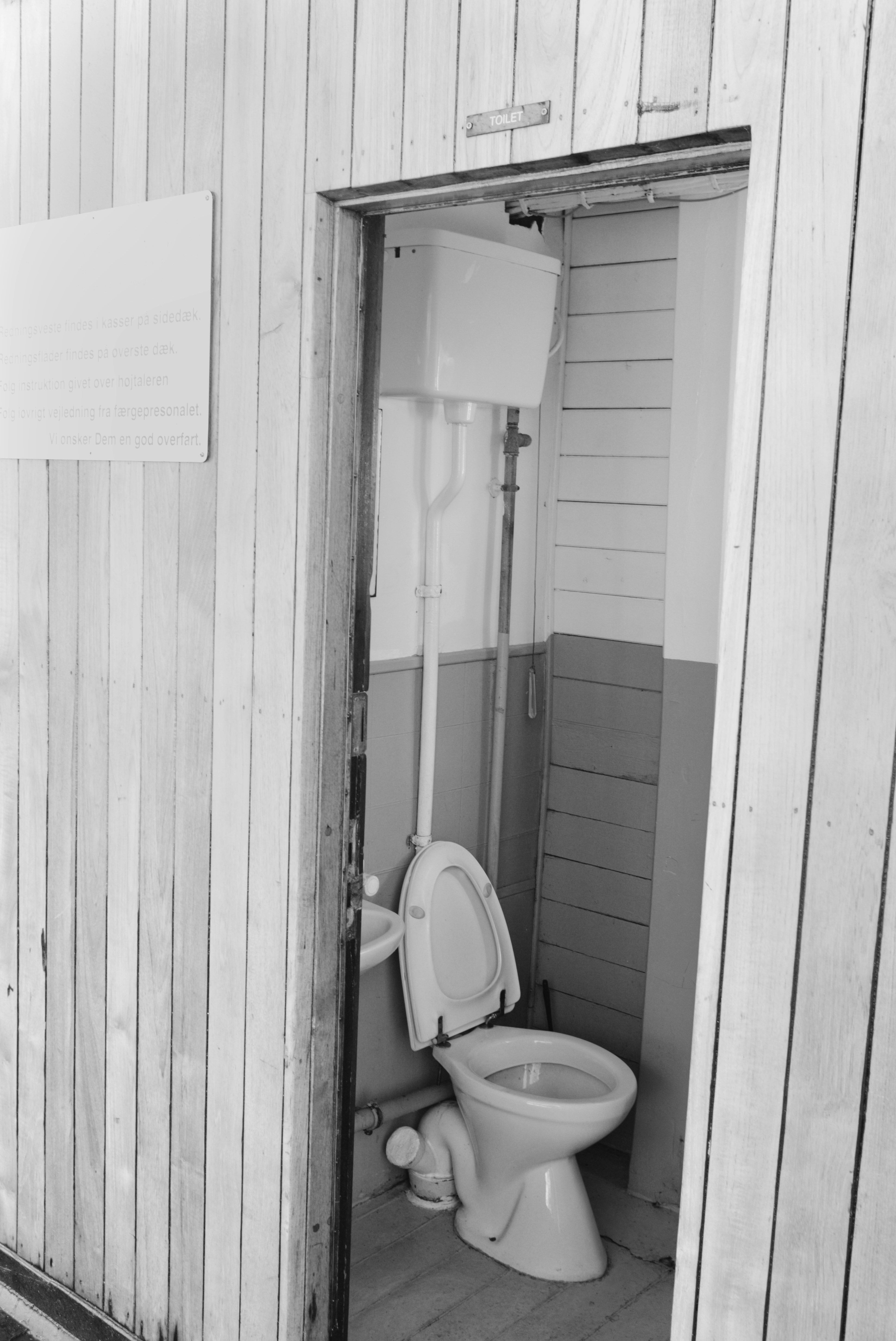 Offene Tür gibt den Blick auf die Toilette mit Spülkasten frei.