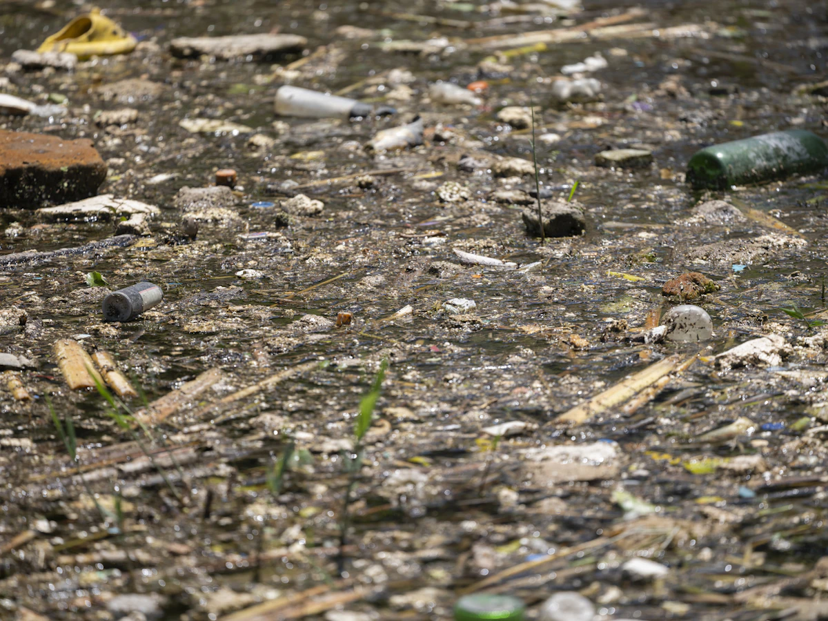 Sampah plastik mengapung di permukaan sungai yang tercemar