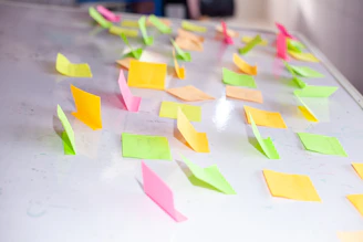 Bunte Notizzettel auf einer weißen Tafel im Büro