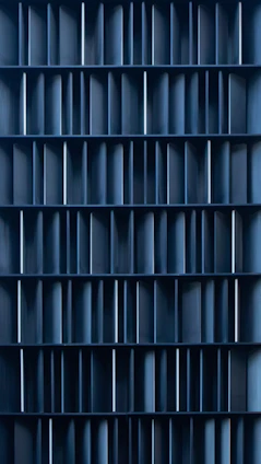 Abstract pattern of dark blue shelves with vertical dividers.