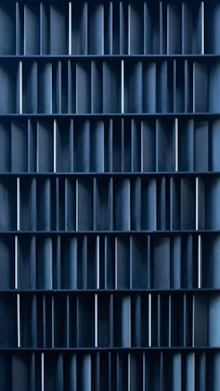 Abstract pattern of dark blue shelves with vertical dividers.