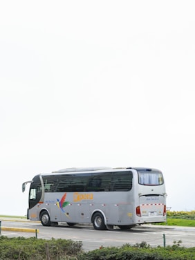 A gray tour bus parked on a road.