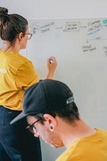Two people collaborating on a whiteboard with notes.